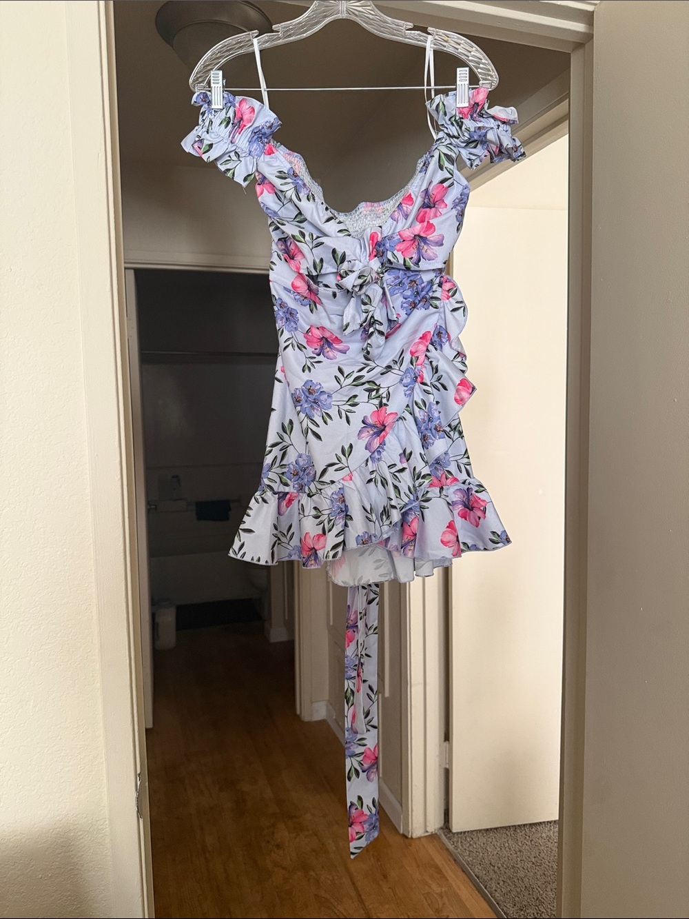 Floral Ruffle Off-Shoulder Women’s Mini Dress in Light Blue and Pink